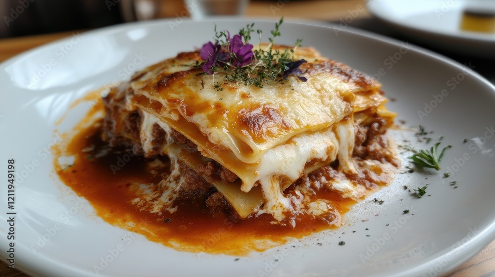 Deliciously layered lasagna garnished with herbs and flowers served on a rustic plate in an inviting dining setting Deliciously layered lasagna garnished with herbs and flowers served on a rustic plate in an inviting dining setting