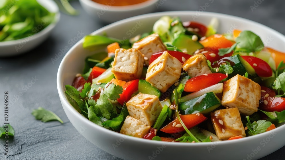 Fresh Tofu and Colorful Vegetable Salad Drizzled with Savory Soy Peanut Sauce on a Dark Stone Background Fresh Tofu and Colorful Vegetable Salad Drizzled with Savory Soy Peanut Sauce on a Dark Stone Background