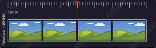 Video editing software displaying landscape footage on timeline with ruler, timecode and red cursor, perfect for projects related to filmmaking, post production, and multimedia content creation