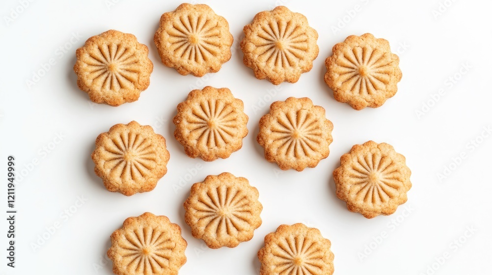 Delicious array of beautifully patterned homemade cookies arranged on a white background showcasing an enticing dessert display. Delicious array of beautifully patterned homemade cookies arranged on a white background showcasing an enticing dessert display.