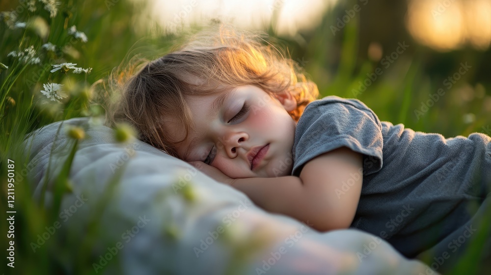 Toddler peacefully resting on a soft pillow in a meadow under warm sunlight surrounded by wildflowers and greenery. Toddler peacefully resting on a soft pillow in a meadow under warm sunlight surrounded by wildflowers and greenery.