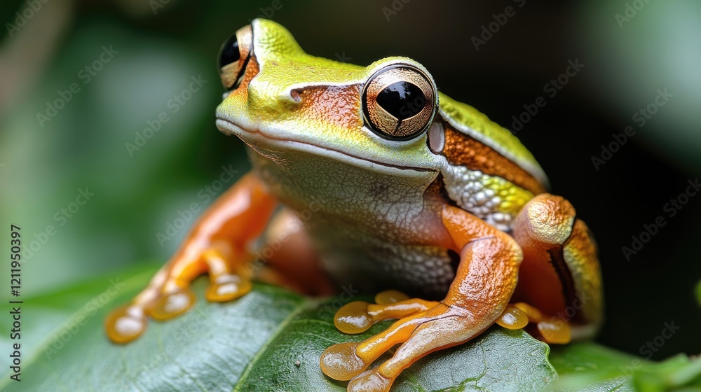 Obraz premium Striped tree frog perched on a green leaf showcasing vibrant colors and unique patterns in natural habitat setting
