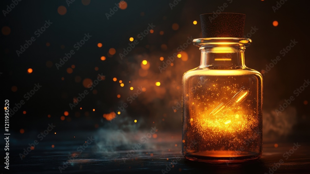 Mystical tincture bottle casting a warm glow with shimmering particles and enchanting essence in a dark atmospheric setting Mystical tincture bottle casting a warm glow with shimmering particles and enchanting essence in a dark atmospheric setting