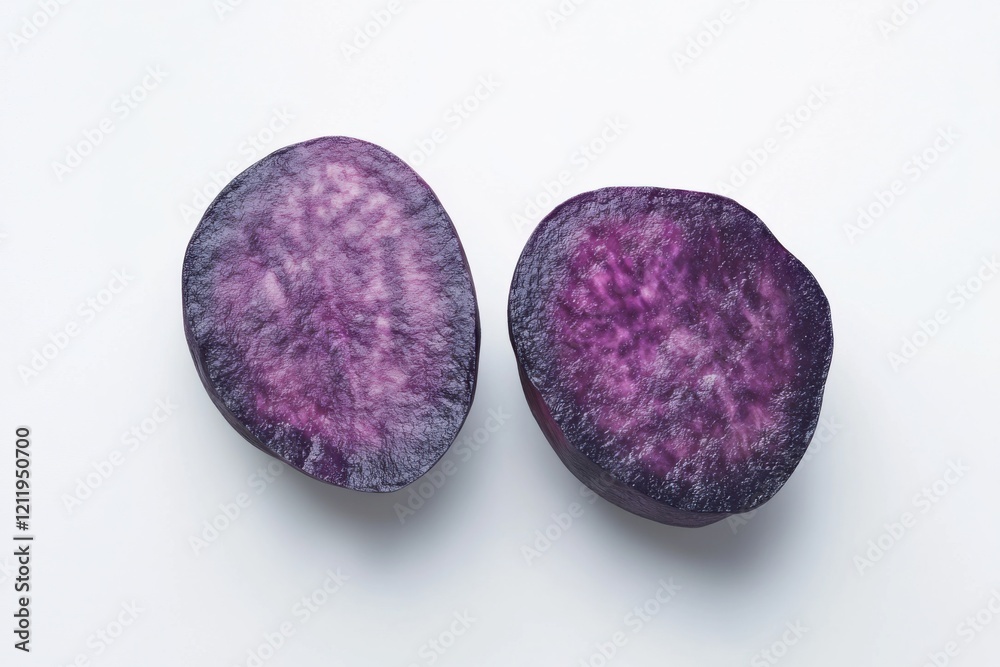Purple sweet potato sliced in half on white background, isolated food photography, nutrition concept Purple sweet potato sliced in half on white background, isolated food photography, nutrition concept
