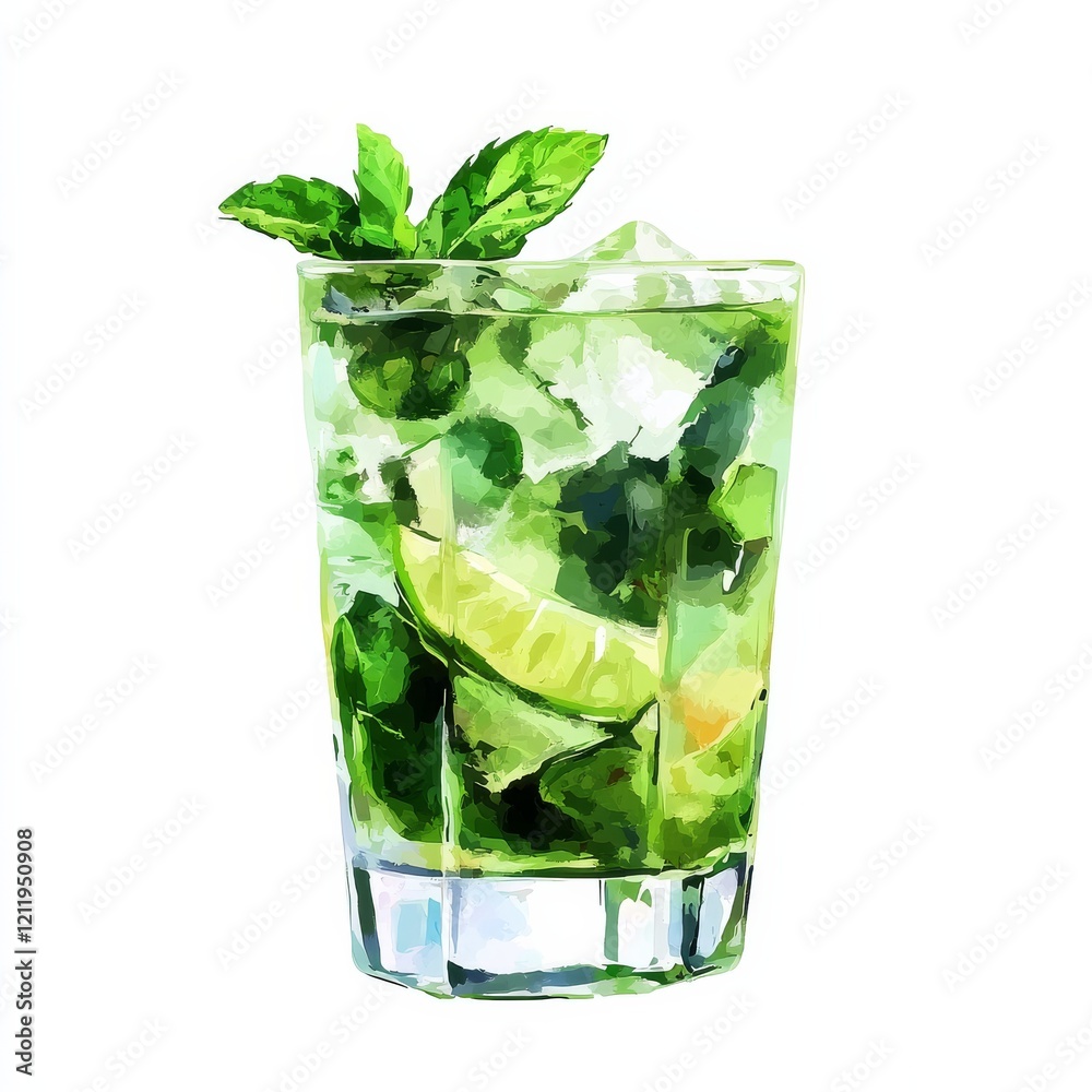A vibrant and refreshing Mojito cocktail with muddled mint leaves, lime wedges, rum A vibrant and refreshing Mojito cocktail with muddled mint leaves, lime wedges, rum