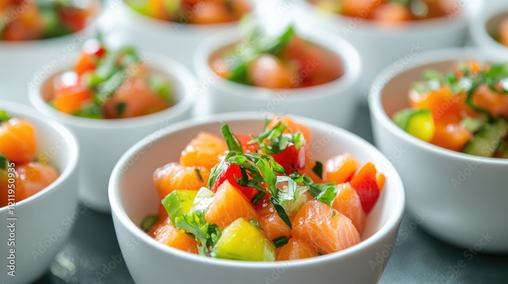 colorful salmon poke bowl with fresh vegetables in white ceramic dishes on a gray surface gourmet healthy dining concept colorful salmon poke bowl with fresh vegetables in white ceramic dishes on a gray surface gourmet healthy dining concept
