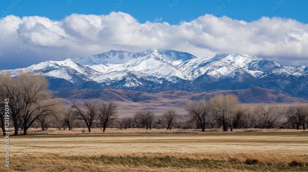 Fototapeta premium Spring mountains featuring patches of snow against a vibrant blue sky with clouds and winter trees in a serene landscape setting.