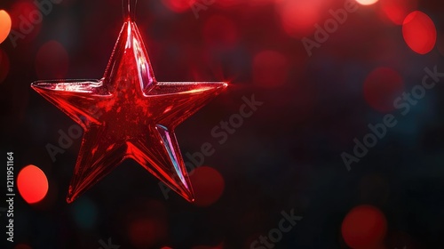 Red star ornament glowing against a dark bokeh background creating a festive and enchanting atmosphere for holiday decor and celebrations photo