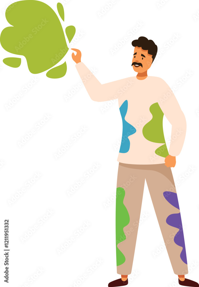 Male artist with paint stains on his clothes pointing at abstract painting, creating modern art Male artist with paint stains on his clothes pointing at abstract painting, creating modern art