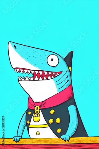 Humorous Shark Cartoon Character in Navy Admiral Uniform Standing on Ship Deck Against Vibrant Blue Background