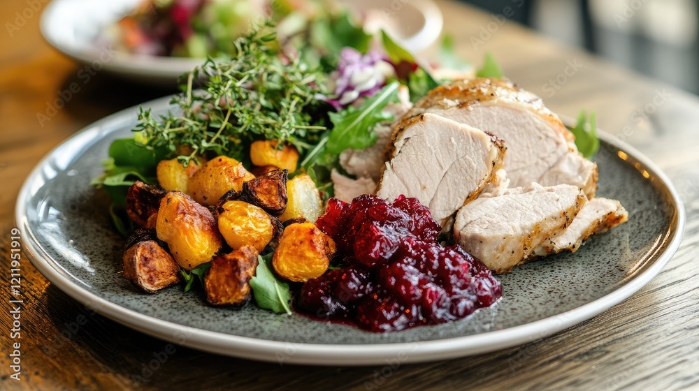 Roasted meat with cranberry sauce served on a plate with garnished salad and colorful roasted vegetables for a festive dining experience Roasted meat with cranberry sauce served on a plate with garnished salad and colorful roasted vegetables for a festive dining experience