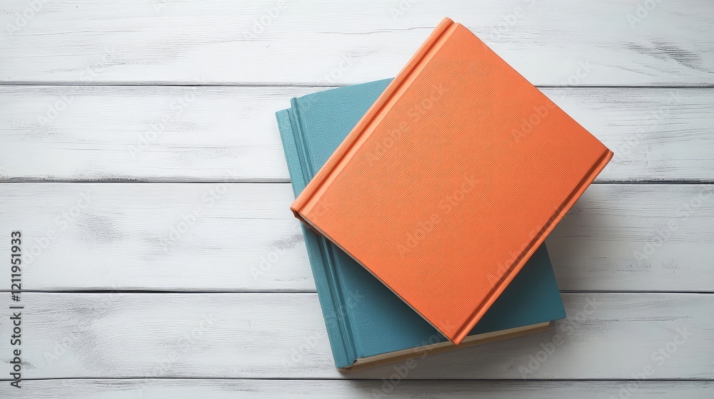 Fototapeta premium Colorful stack of books in orange and blue resting on a rustic white wooden table creating a cozy study atmosphere ideal for educational and literary concepts
