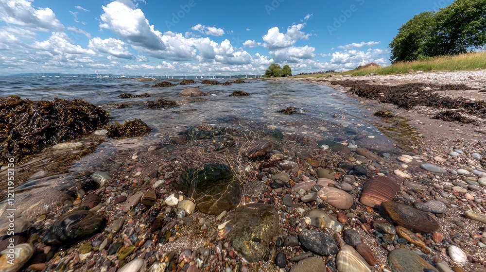 Obraz premium Rocky seashore, shallow water, sunny day, clouds, background sailboat