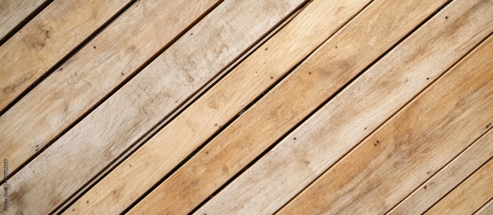 Fototapeta premium Outdoor construction site featuring wooden frame installation for house building project, with diagonal wooden planks in warm tones and empty text space.