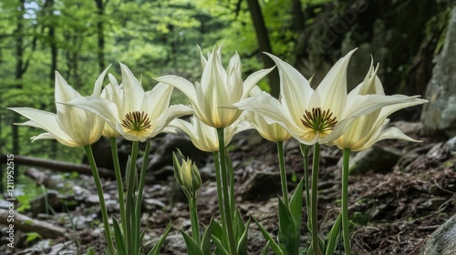 Elegant Tulipa batalinii flowers in a lush green forest setting showcasing their unique shape and delicate cream color. photo