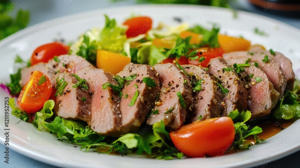 gourmet sliced veal tongue appetizer served on a fresh salad with vibrant cherry tomatoes and herbs gourmet sliced veal tongue appetizer served on a fresh salad with vibrant cherry tomatoes and herbs