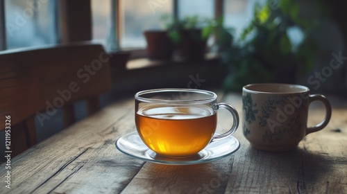 Turmeric tea in transparent cup with ceramic mug on rustic wooden table surrounded by greenery and soft natural light photo