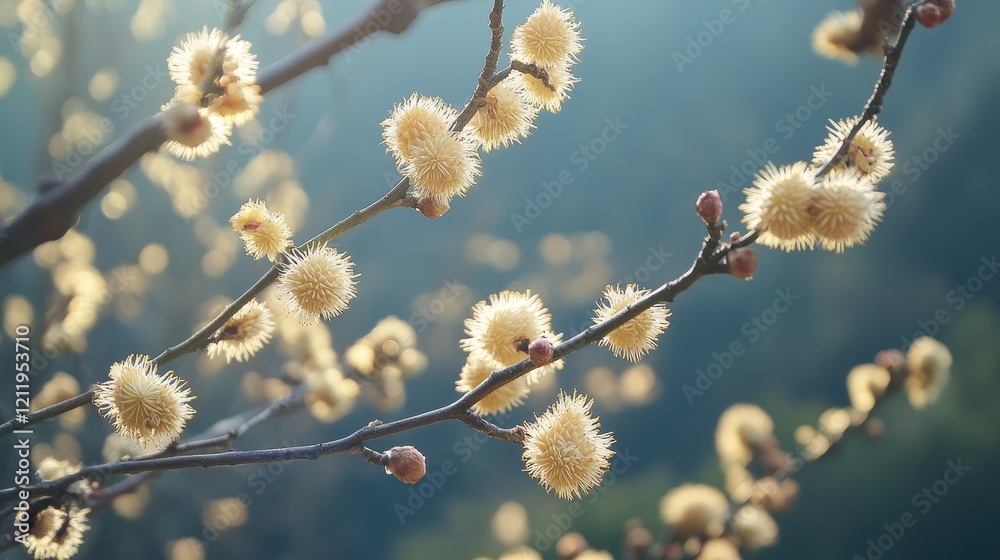Durian tree branches adorned with vibrant small flowers blooming in natural sunlight against a blurred background Durian tree branches adorned with vibrant small flowers blooming in natural sunlight against a blurred background
