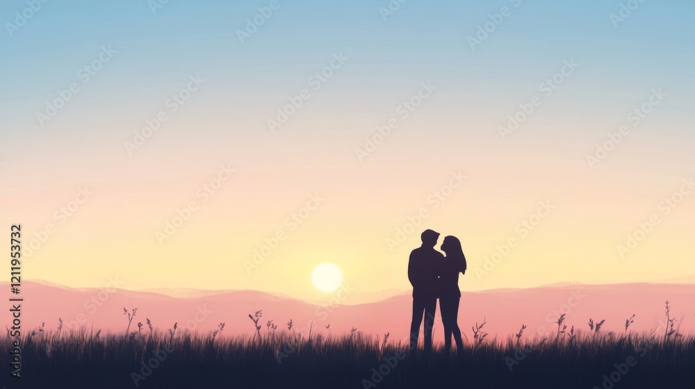 Silhouette of couple embracing at sunset over rolling hills. Silhouette of couple embracing at sunset over rolling hills.