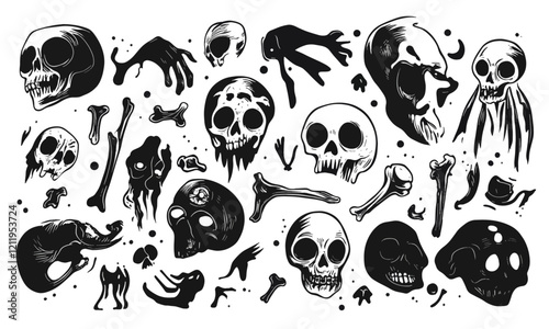 Linocut style bones skull texture pattern, vector on transparent background, silhouette horror cute cartoon cool skulls and bones