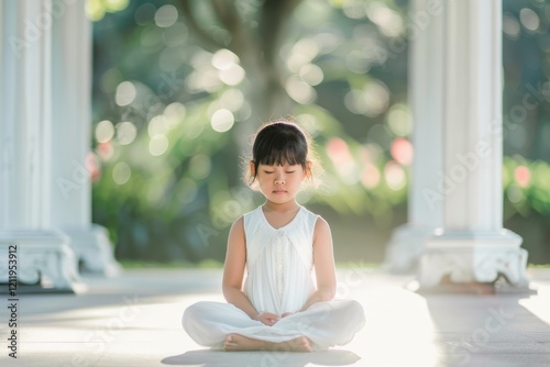 Asian children meditate peacefully in garden pavilion wearing white.