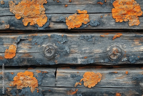 A close-up view of a piece of wood covered in bright orange lichens photo