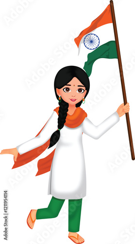 Independence Day | Girl Waving Indian Flag Cartoon Character Vector Illustration