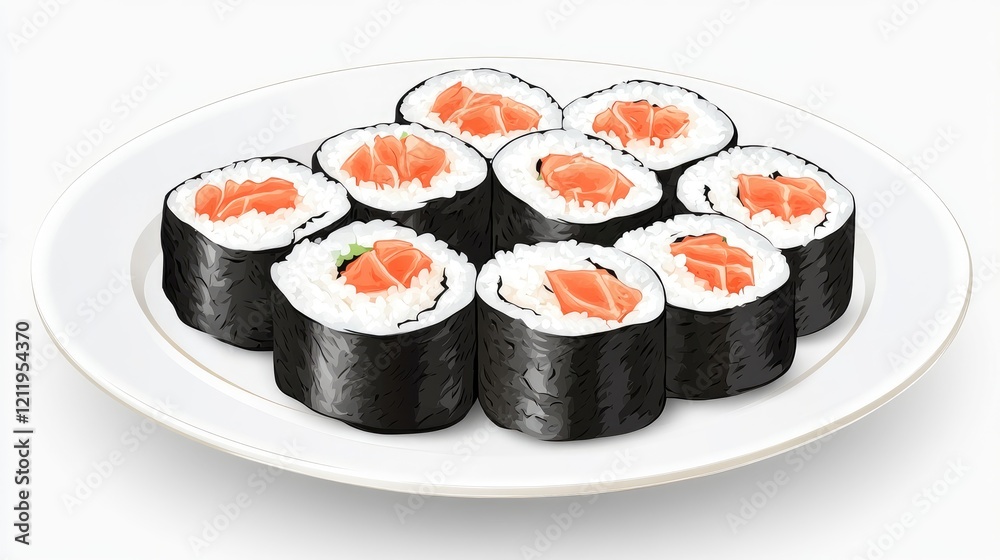 Delicious Maki Sushi Rolls arranged on a pristine white plate ready to be enjoyed Delicious Maki Sushi Rolls arranged on a pristine white plate ready to be enjoyed