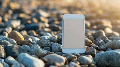 White smartphone on pebbles with blank screen in natural setting showcasing mobile technology and outdoor lifestyle concept photo