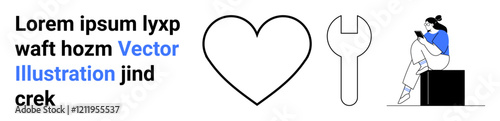 Heart shape, wrench outline, woman reading on box, placeholder text Lorem ipsum lyxp waft hozm Vector Illustration jind crek in black and blue. Ideal for design, tools, repair, love, education