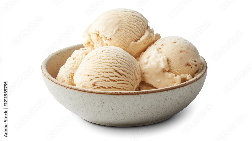 Creamy ice cream scoops in a textured bowl on a white background perfect for dessert recipes and summer treats Creamy ice cream scoops in a textured bowl on a white background perfect for dessert recipes and summer treats