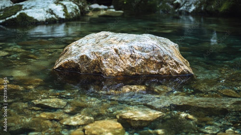 Fototapeta premium Stone rock in a clear fresh river surrounded by pebbles and water reflecting natural scenery.