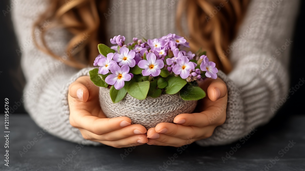 Woman Gently Holds Purple Flowers In Knitted Pot Woman Gently Holds Purple Flowers In Knitted Pot