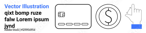 Credit card, currency symbol, and clicking hand gesture. Ideal for digital finance, cashless transactions, e-commerce, financial apps, banking services online payments and market analysis. Landing