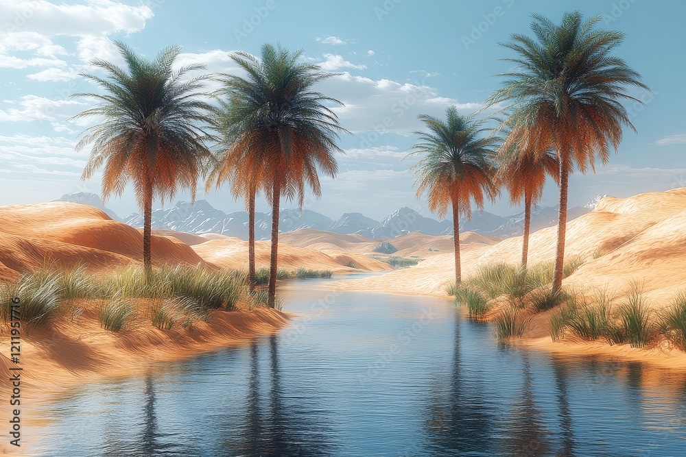 Fototapeta premium 3D rendering of a small oasis in a desert landscape with palm trees, water, dunes, and empty space, viewed from a low angle with minimalistic design.