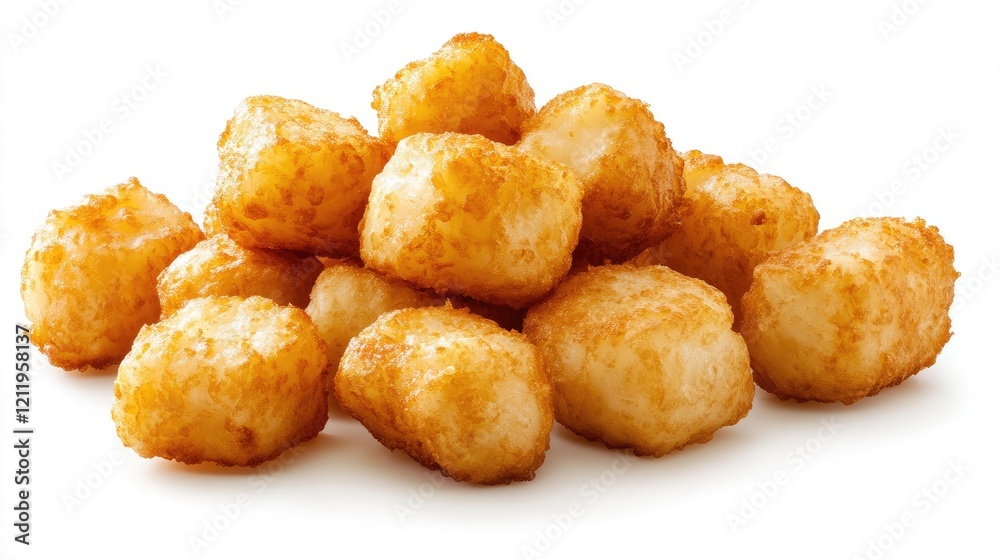 Crispy golden brown tater tots piled high on a clean white background showcasing their delicious texture and appeal in food photography Crispy golden brown tater tots piled high on a clean white background showcasing their delicious texture and appeal in food photography