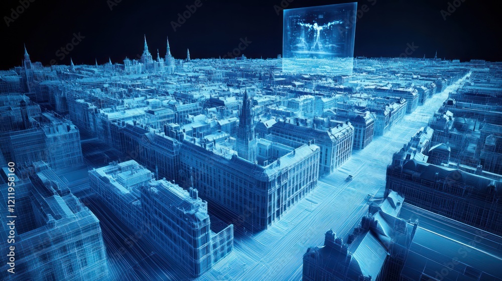 Fototapeta premium Cityscape 3D model, medical scan overlay, urban health monitoring
