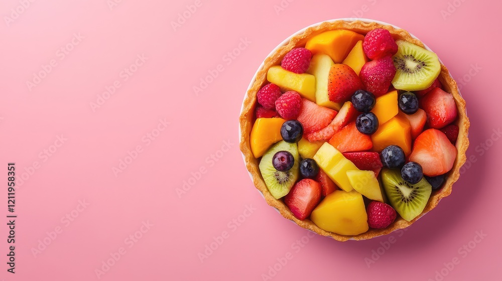 Colorful fruit tart with a variety of fresh berries and tropical fruits displayed on a pastel pink background with ample copy space on the left side Colorful fruit tart with a variety of fresh berries and tropical fruits displayed on a pastel pink background with ample copy space on the left side