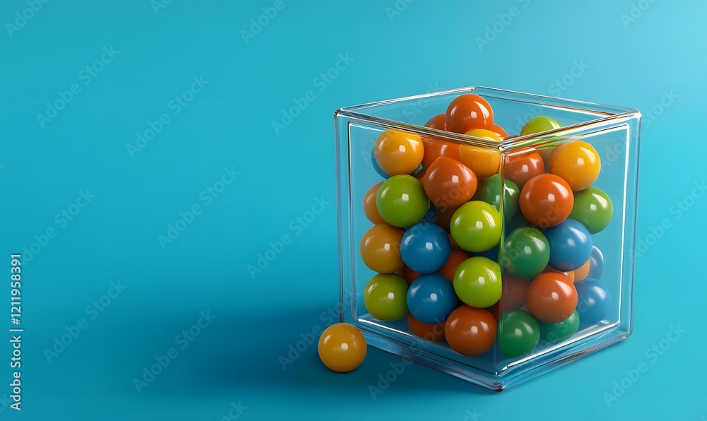 Colorful spheres in glass cube on blue backdrop Colorful spheres in glass cube on blue backdrop
