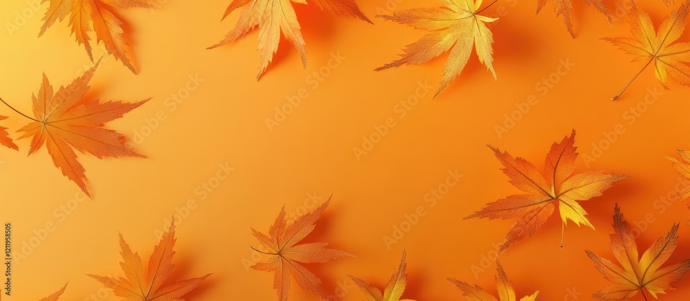 Autumn flat lay composition with vibrant orange maple leaves on a soft pastel orange background ideal for seasonal themes and text overlays. Autumn flat lay composition with vibrant orange maple leaves on a soft pastel orange background ideal for seasonal themes and text overlays.