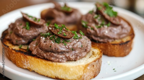 Toasted bread slices garnished with rich homemade chicken liver pÃ¢tÃ© and fresh herbs on a white plate photo