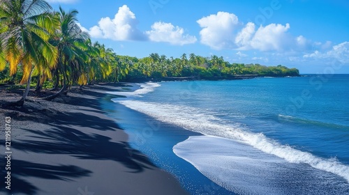 Black sand beach landscape with palm trees under a bright blue sky and gentle waves lapping at the shore in a tropical paradise setting