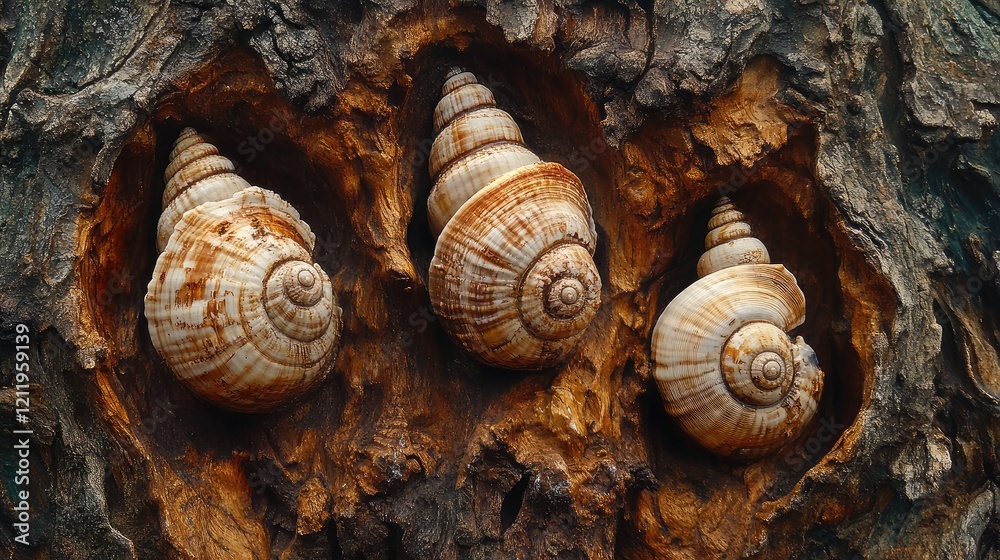 Shells nestled in natural tree crevices showcasing intricate patterns and textures in a unique and captivating woodland setting Shells nestled in natural tree crevices showcasing intricate patterns and textures in a unique and captivating woodland setting