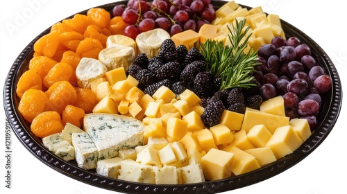 Delicious overhead view of a gourmet cheese platter featuring assorted cheeses, vibrant fruits, and mixed nuts on a black serving tray photo