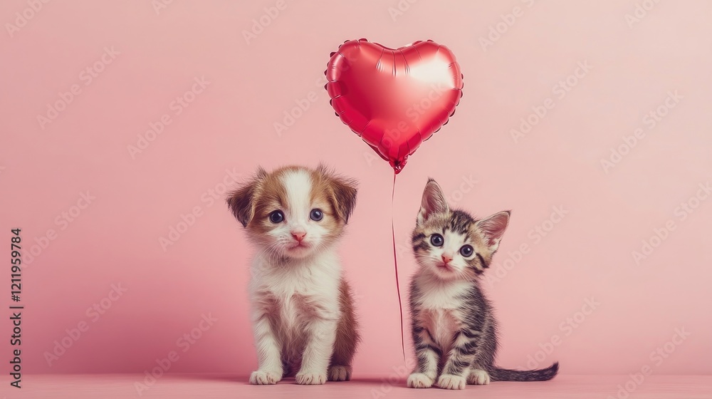 Cute puppy and kitty with a heart-shaped balloon on a pink background for a love or celebration theme. Cute puppy and kitty with a heart-shaped balloon on a pink background for a love or celebration theme.