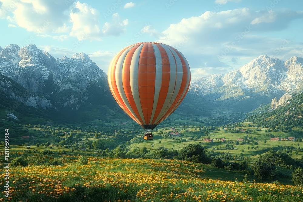 Fototapeta premium Ultra-realistic 3D render of a hot air balloon flying over a green meadow with yellow flowers and mountains in the background.