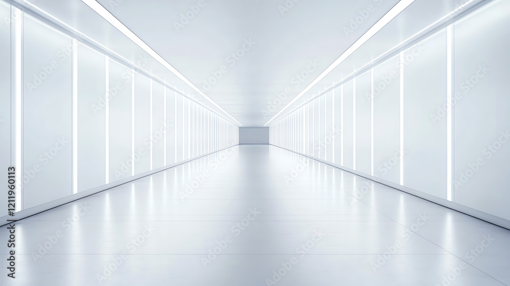 A spacious, minimalist hallway with bright lights and clean surfaces, creating a feeling of openness and modernity. A spacious, minimalist hallway with bright lights and clean surfaces, creating a feeling of openness and modernity.