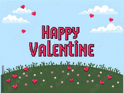 Pixelated Happy Valentine's Day Message with Hearts Clouds and Green Grass Scene photo