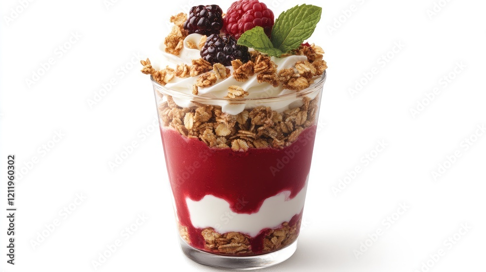 Delicious layered yogurt parfait with fresh berries granola and mint served in a glass against a clean white background Delicious layered yogurt parfait with fresh berries granola and mint served in a glass against a clean white background