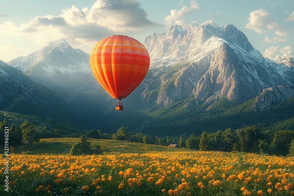 Fototapeta premium Ultra-realistic 3D render of a hot air balloon flying over a green meadow with yellow flowers and mountains in the background.